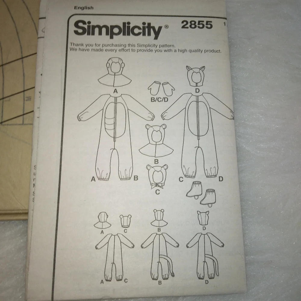 SIMPLICITY 2855 Sz XS-LAnimal Suit Costumes for kids cheetah lion bear gorilla